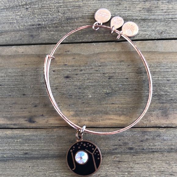 Alex and Ani Black Enamel Crystal Joy Rose Gold Tone Charm Bracelet! EUC - Picture 2 of 10